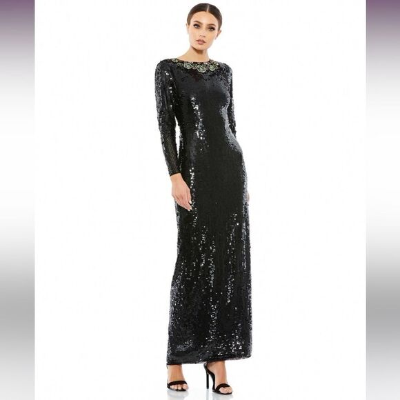 Mac Duggal  Beaded Neckline Sequins Black 
Long Sleeve Dress.Size 6 - Picture 1 of 16